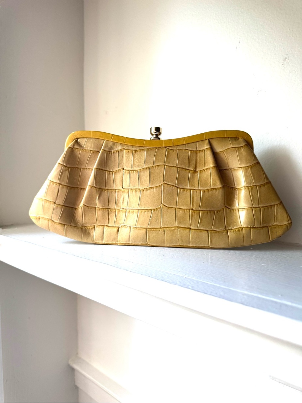 Banana Republic Elegant Yellow Crocodile-Embossed Clutch with attached mirror
